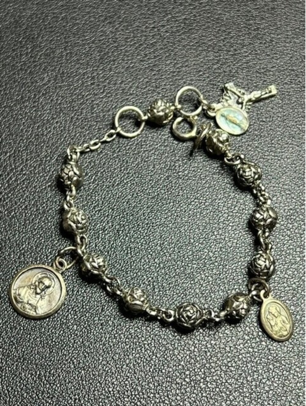 B7320 Rosary Charm Bracelet Silver Tone Rose Beads Crucifix Medals 6.5-7.5"